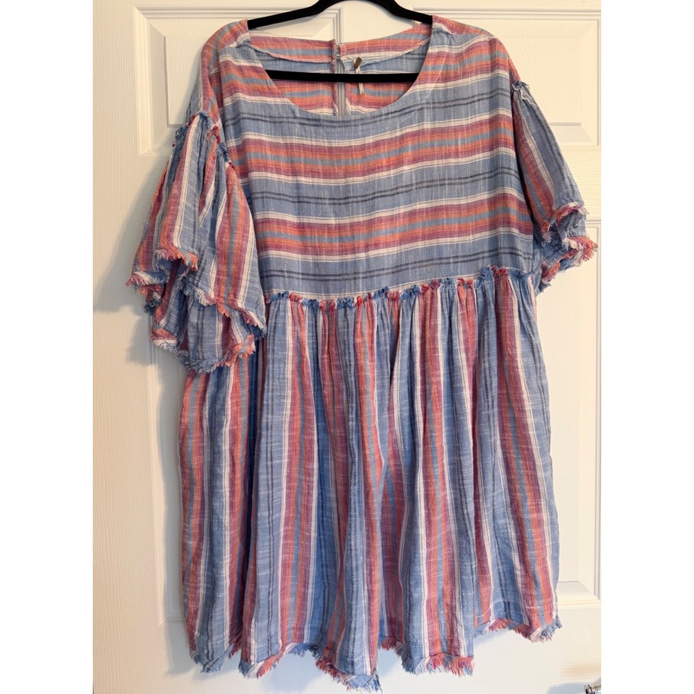 Free People Striped Babydoll Mini Dress Blue Pink Orange Ruffle Sleeve Large